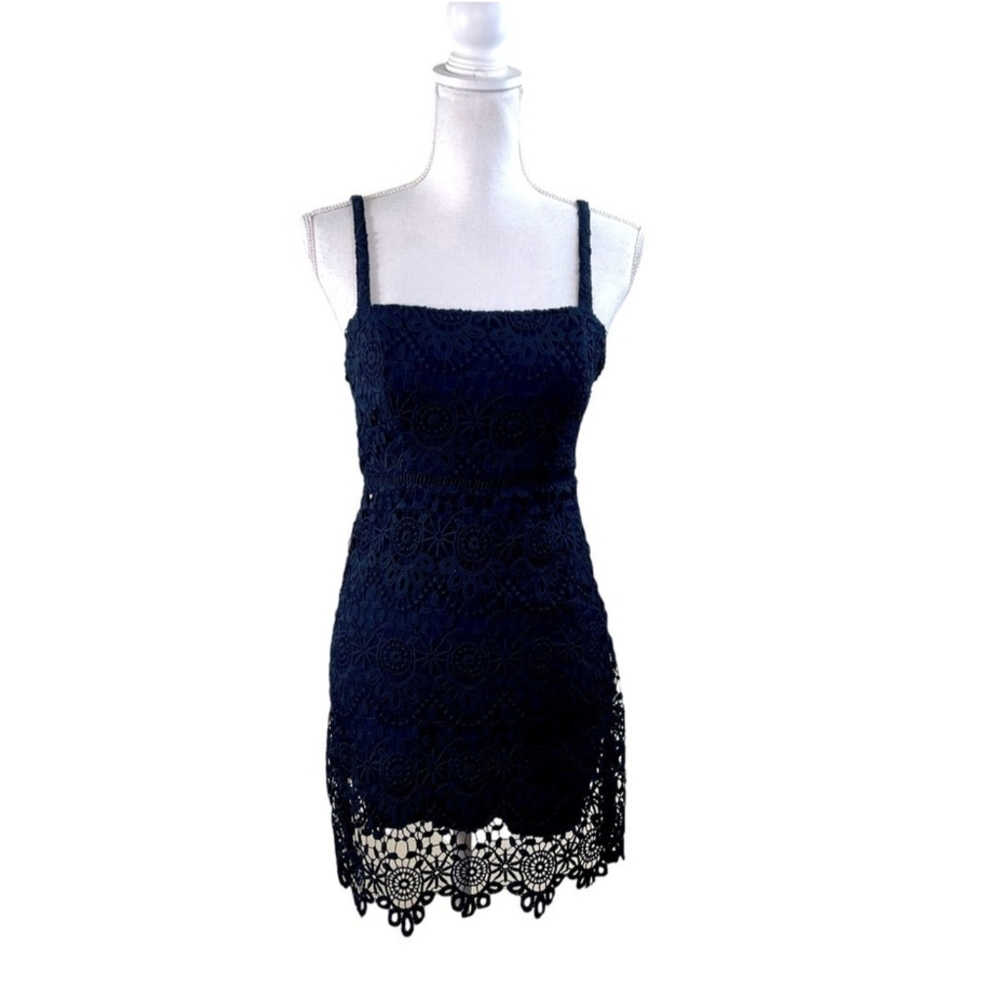 Hollister Navy Blue Floral Crochet Mini Dress with Square Neckline - Size XS